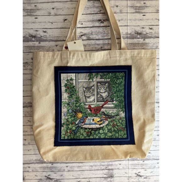 CAT BIRDS Cardinal Handmade Canvas tote bag Lady Bags Bucks County 18 x 15 - Picture 1 of 9